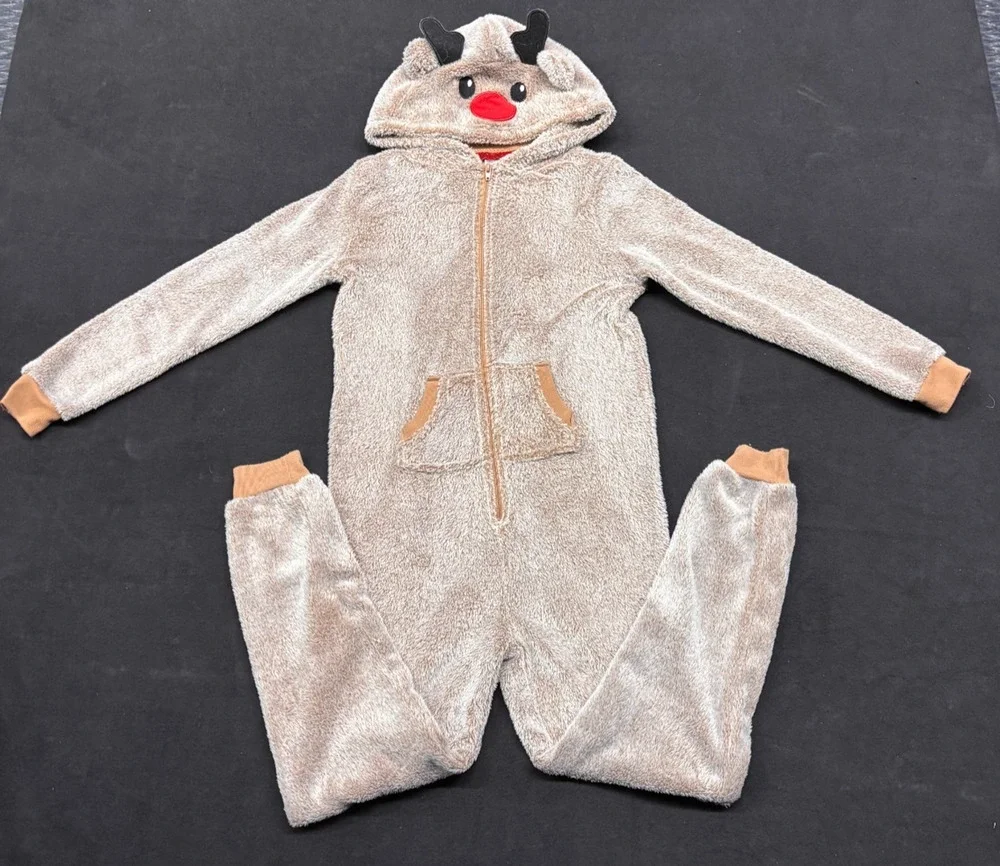 Reindeer PJ Pajama Costume Hooded Fleece Kids Size 8 Christmas Xmas Halloween